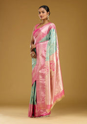 Mehendi Green Silk Jaal Gold Zariwork Saree With Matching Blouse Piece