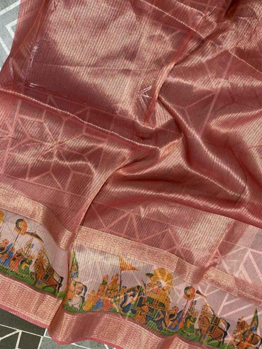 Exclusive Soft Gold Zari Tissue Digital Print Saree