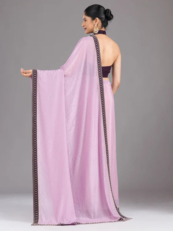 Lavender Satin Gold Stonework Saree With Matching Blouse Piece