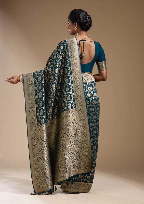 Teal Green Art Georgette Jaal Gold Zariwork Saree With Matching Blouse Piece