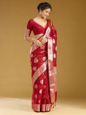 Red Cotton Buti Gold Zariwork Saree With Matching Blouse Piece