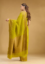 Mehandi Green Georgette Buti Gold Zariwork Saree With Matching Blouse Piece
