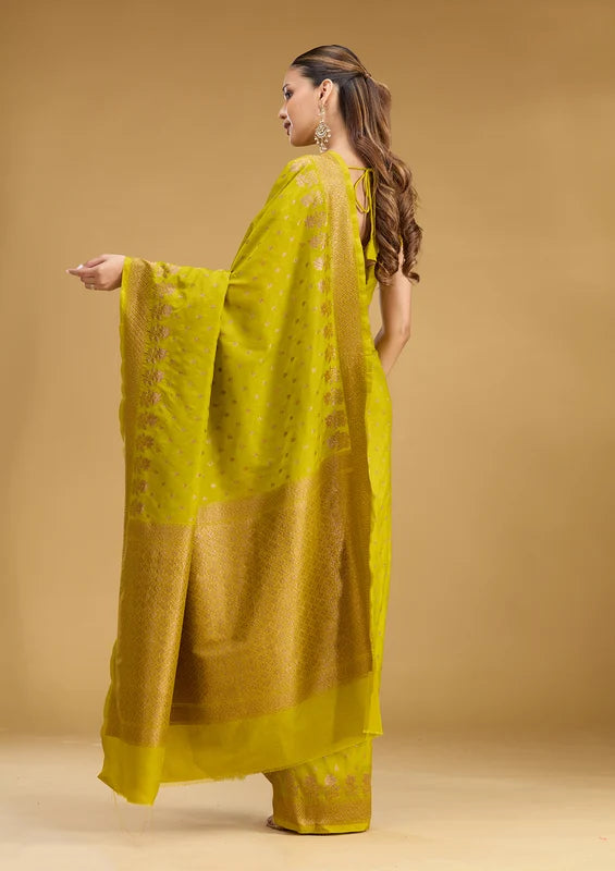 Mehandi Green Georgette Buti Gold Zariwork Saree With Matching Blouse Piece