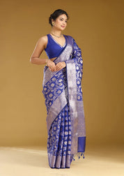 Royal Blue Cotton Jaal Zariwork Saree With Matching Blouse Piece