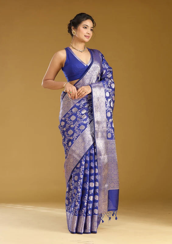 Royal Blue Cotton Jaal Zariwork Saree With Matching Blouse Piece