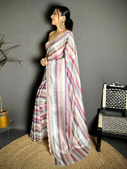Chiffon Striped Print Diamond Work Saree