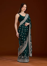 Bottle Green Soft Raw Silk Silver Zariwork Saree With Matching Blouse Piece