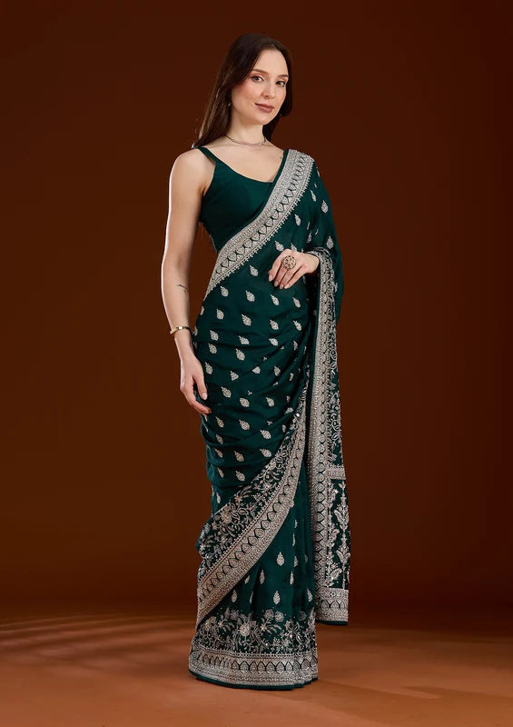 Bottle Green Soft Raw Silk Silver Zariwork Saree With Matching Blouse Piece