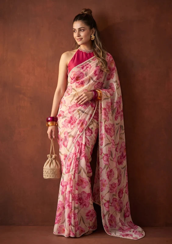 Off White Tissue Sequins Saree With Matching Blouse Piece