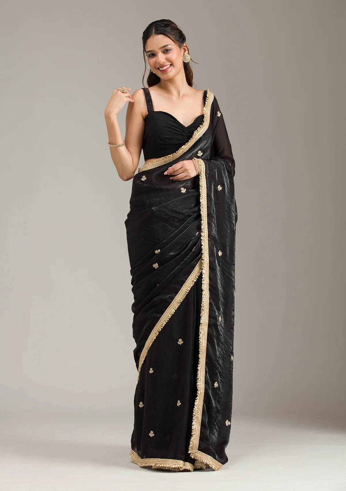 Black Tissue Gold Zariwork Saree With Matching Blouse Piece