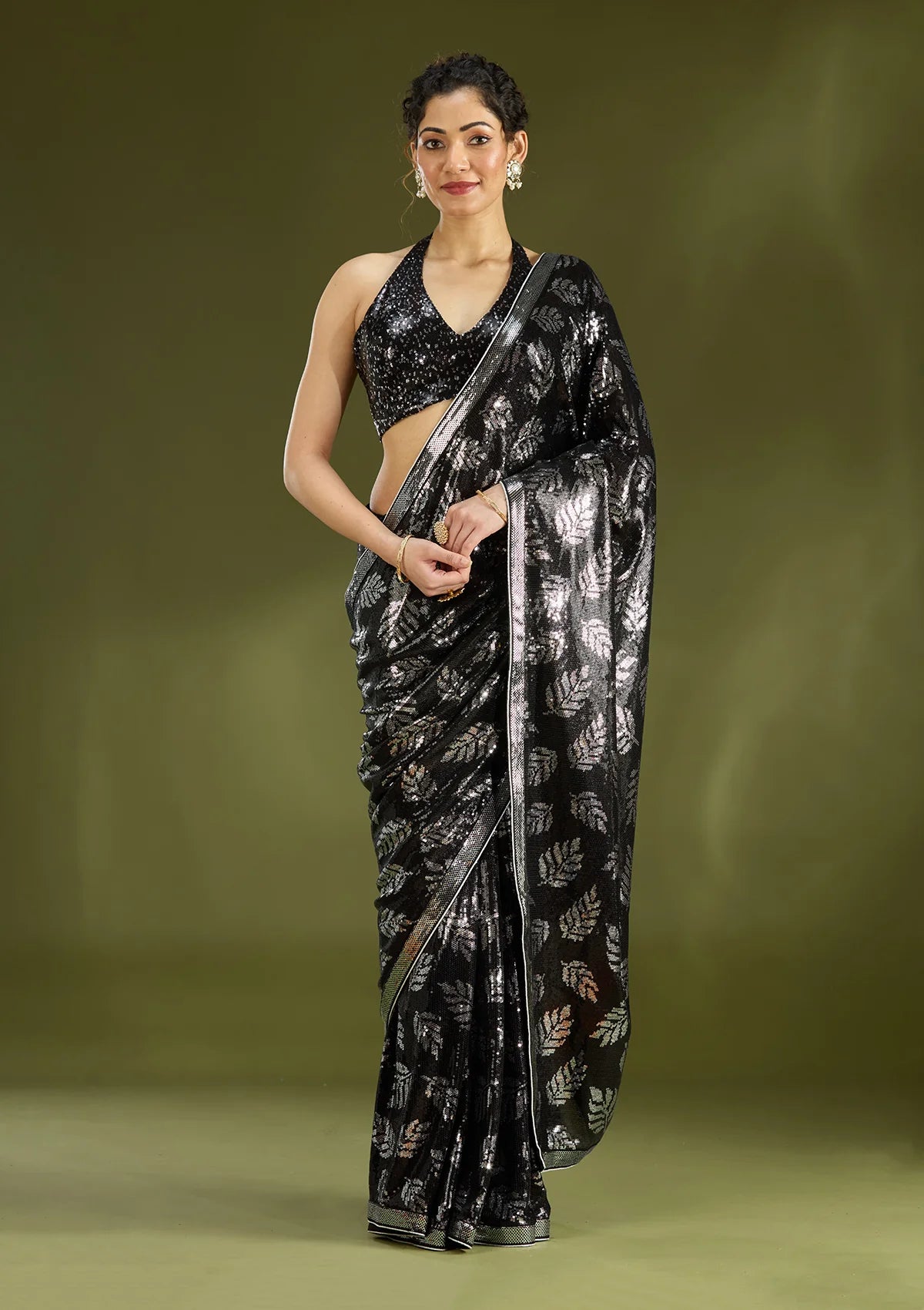 Bridelook Shimmering Leaf Motif Sequin Saree with Metallic Border