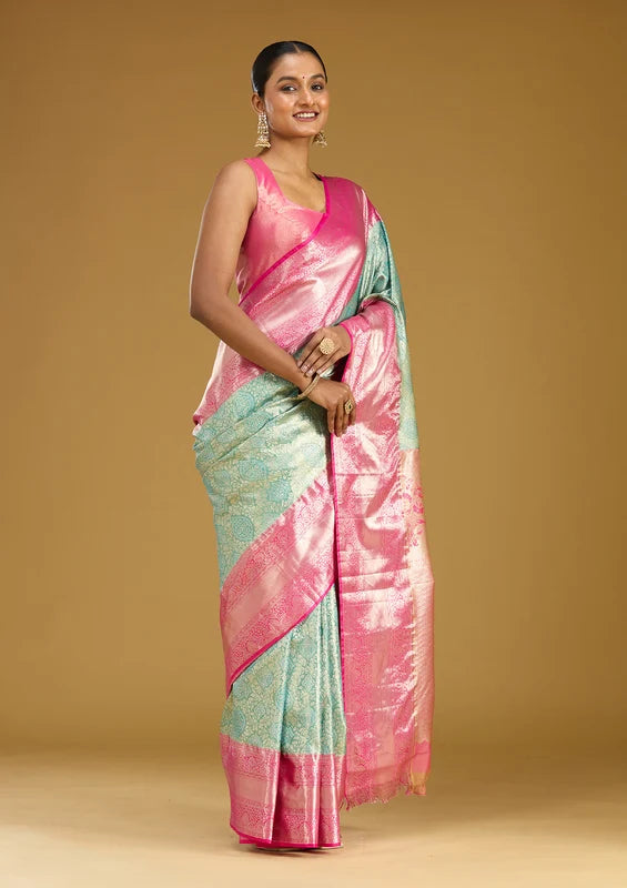 Mehendi Green Silk Jaal Gold Zariwork Saree With Matching Blouse Piece