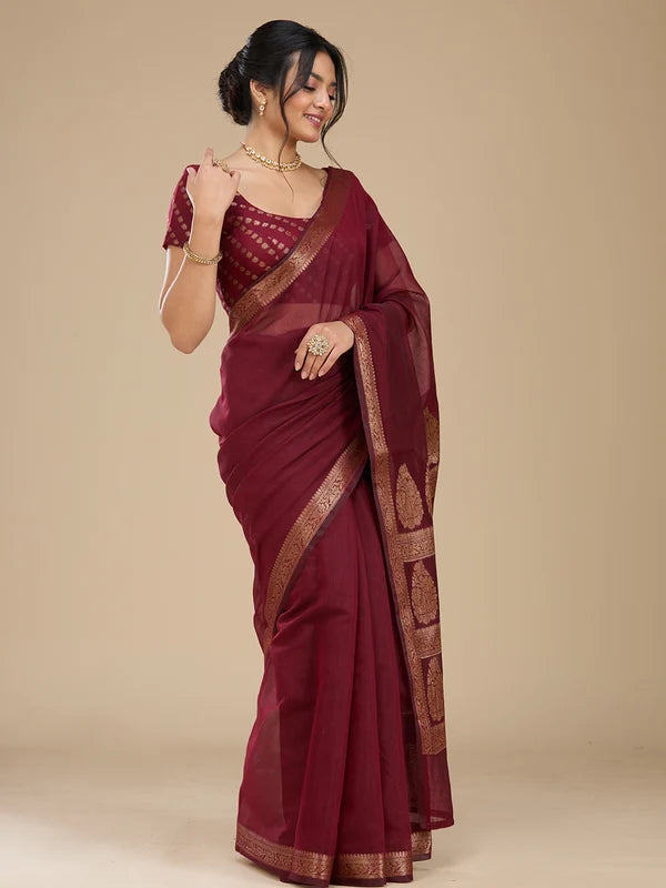 Maroon Silk Plain Saree With Matching Blouse Piece