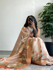 Exclusive Soft Gold Zari Tissue Digital Print Saree