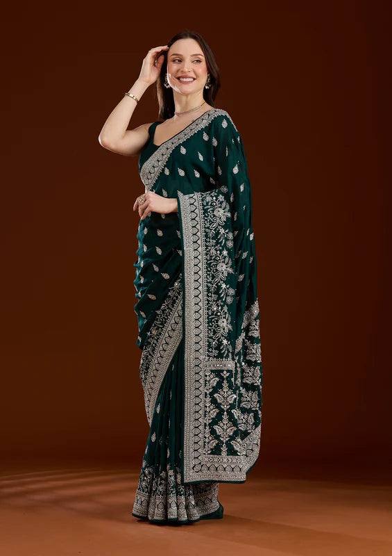 Bottle Green Soft Raw Silk Silver Zariwork Saree With Matching Blouse Piece