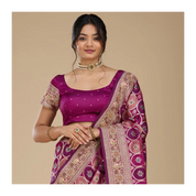 Wine Silk Jaal Gold Zariwork Saree With Matching Blouse Piece