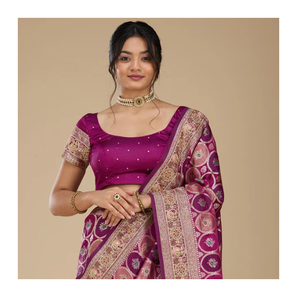Wine Silk Jaal Gold Zariwork Saree With Matching Blouse Piece
