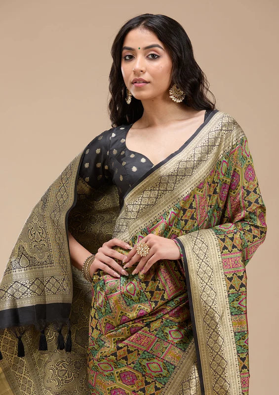 Black Silk Jaal Printed Saree With Matching Blouse Piece