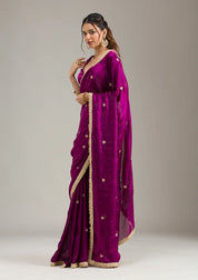 Wine Tissue Gold Zariwork Saree With Matching Blouse Piece