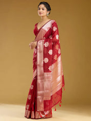 Red Cotton Buti Gold Zariwork Saree With Matching Blouse Piece