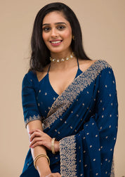 Navyy Blue Soft Raw Silk Gold Zariwork Saree With Matchingg Blouse Piece