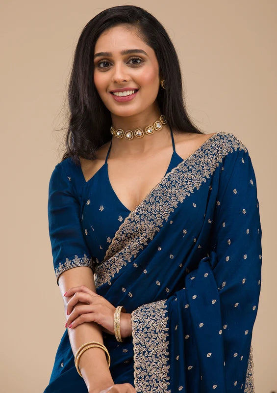 Navyy Blue Soft Raw Silk Gold Zariwork Saree With Matchingg Blouse Piece