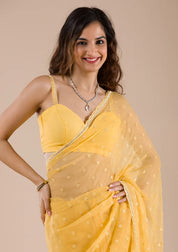 Mustard Chiffon Threadworkk Saree With Matching Blouse Piece