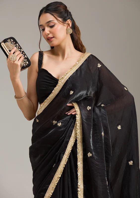 Black Tissue Gold Zariwork Saree With Matching Blouse Piece