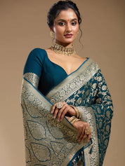 Teal Green Art Georgette Jaal Gold Zariwork Saree With Matching Blouse Piece
