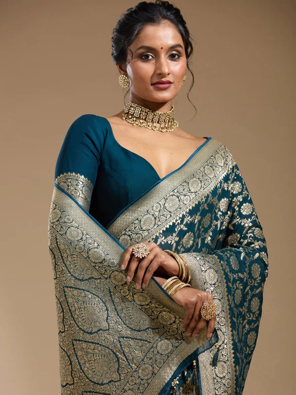Teal Green Art Georgette Jaal Gold Zariwork Saree With Matching Blouse Piece