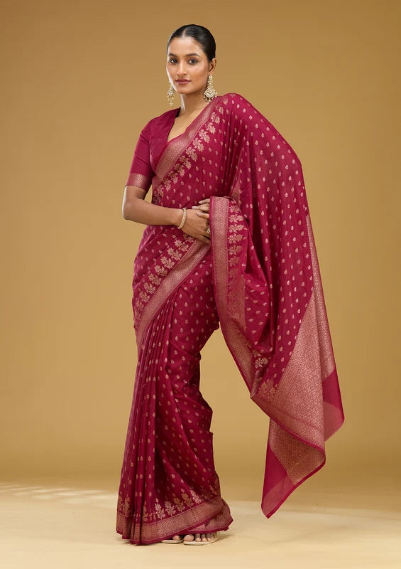 Wine Georgette Buti Gold Zariwork Saree With Matching Blouse Piece