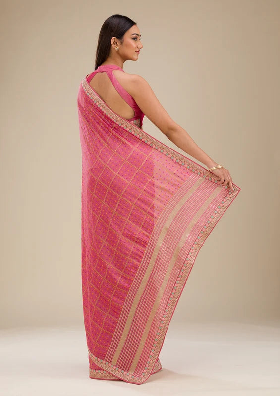 Pink Soft Raw Silk Gold Zariwork Saree With Matching Blouse Piece