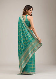 Turquoise Blue Soft Raw Silk Gold Zariwork Saree With Matching Blouse Piece