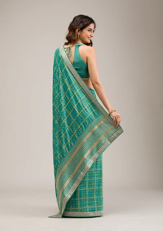 Turquoise Blue Soft Raw Silk Gold Zariwork Saree With Matching Blouse Piece