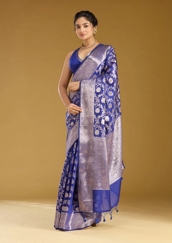 Royal Blue Cotton Jaal Zariwork Saree With Matching Blouse Piece