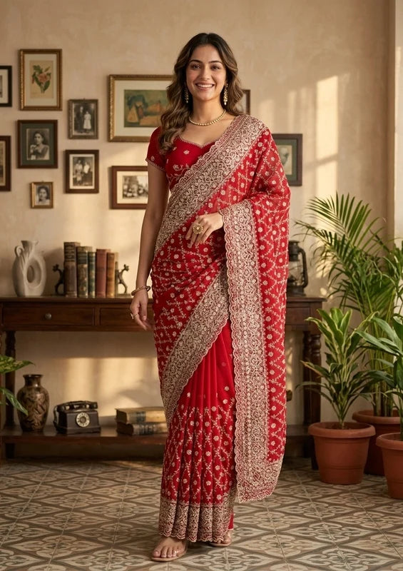 Rani Pink Georgette Gold Zariwork Saree With Matching Blouse Piece