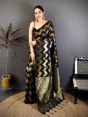 Blackk Soft Silk Geometric Zigzag Zari Saree