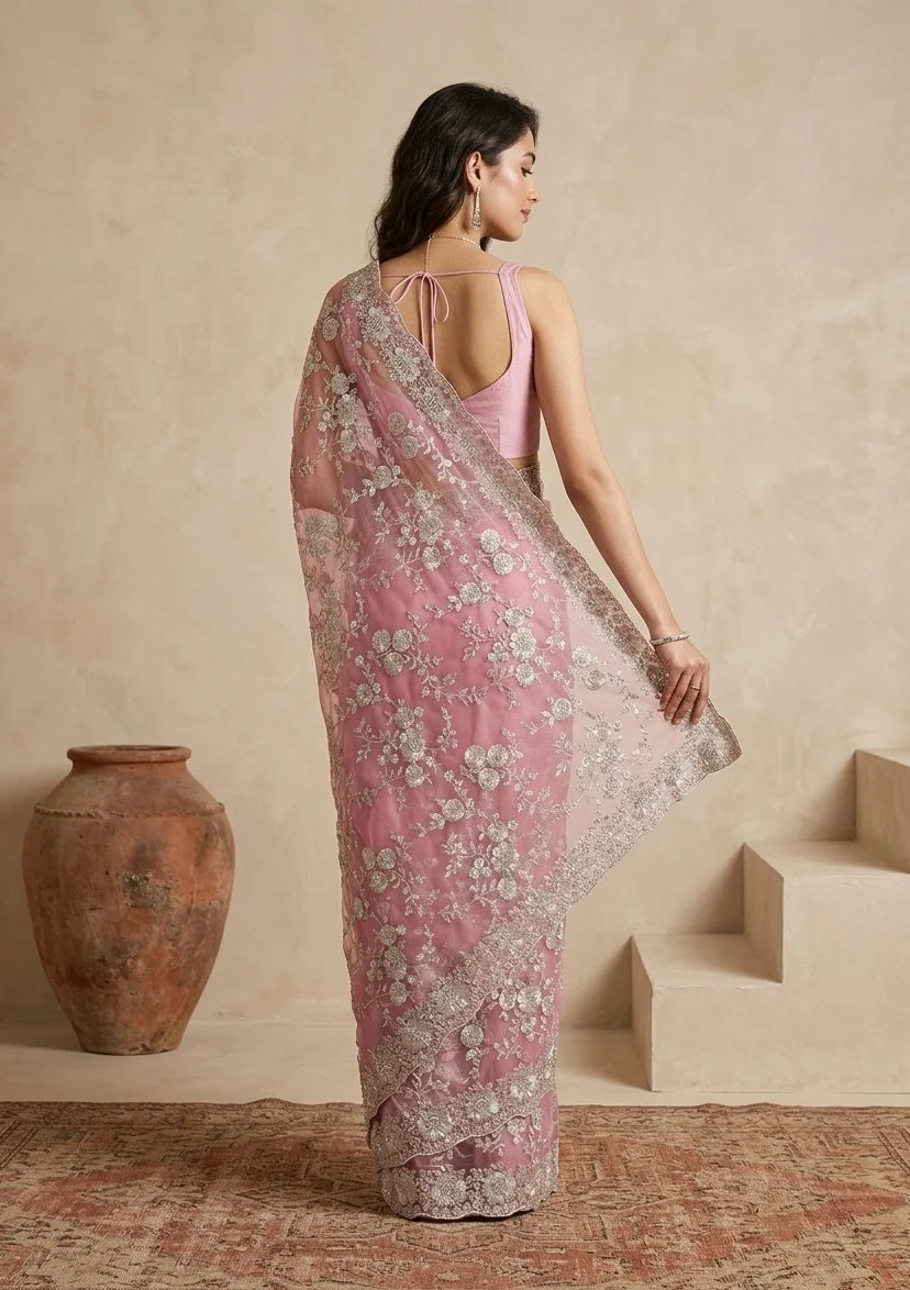 Elegant Floral Embroidered Saree with Ornate Border in Blush Pink & Aqua  Bridelook