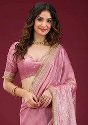 Onion Pink Tissue Cording Saree With Matching Blouse Piece