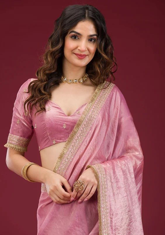 Onion Pink Tissue Cording Saree With Matching Blouse Piece