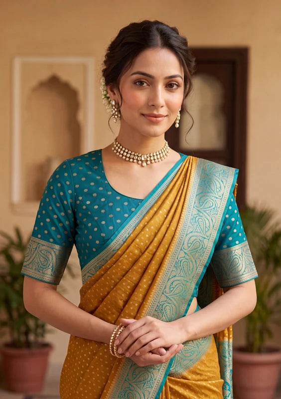 Mustard Yellow Silk Buti Saree With Matching Blouse Piece