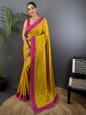 Mustard Poly Chiffon Diamond Stone Work Saree
