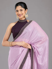 Lavender Satin Gold Stonework Saree With Matching Blouse Piece