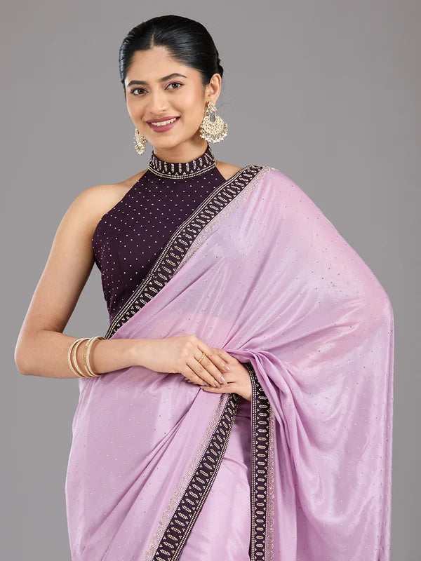 Lavender Satin Gold Stonework Saree With Matching Blouse Piece