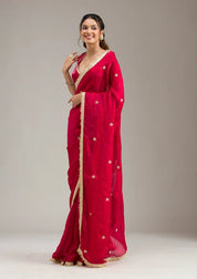 Maroon Tissue Gold Zariwork Saree With Matching Blouse Piece