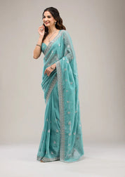 Sea Green Tissuee Silver Zariwork Saree With Matchingg Blouse Piece