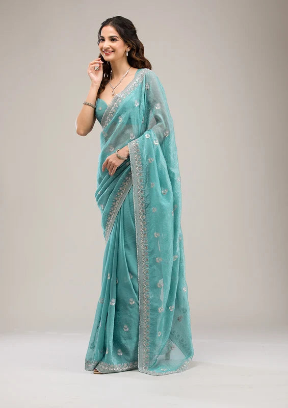 Sea Green Tissuee Silver Zariwork Saree With Matchingg Blouse Piece