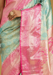 Mehendi Green Silk Jaal Gold Zariwork Saree With Matching Blouse Piece