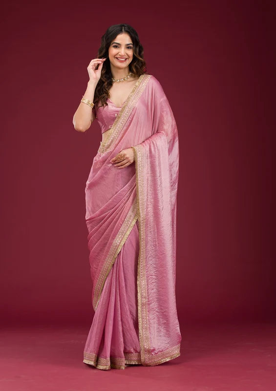 Onion Pink Tissue Cording Saree With Matching Blouse Piece