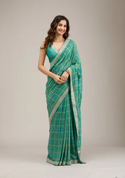 Turquoise Blue Soft Raw Silk Gold Zariwork Saree With Matching Blouse Piece